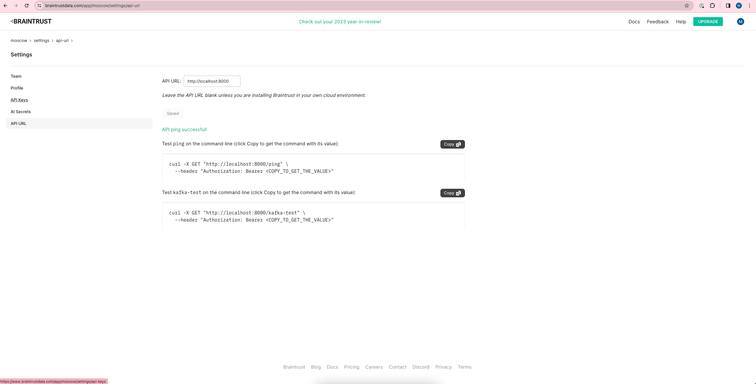 API URL settings page